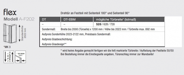 GEO maw flex A-F202 Duschkabine Drehtür an Fixteilen mit Seitenteil Eckdusche Fronteinstieg