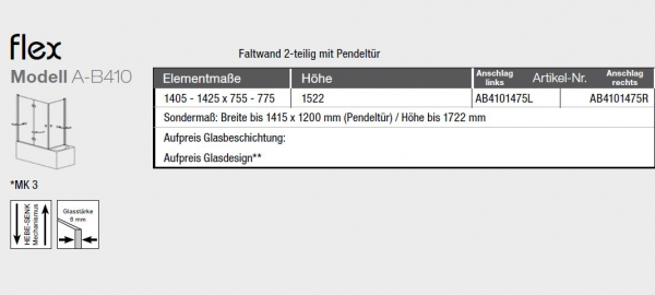 GEO maw flex Badewannenaufsatz Spritzschutz Faltwand 2-teilig mit Pendeltür für Badewanne A-B410