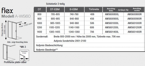 GEO maw flex Walk In Schiebetür 2-teilig bis 2000 mm Duschabtrennung Spritzschutzwand