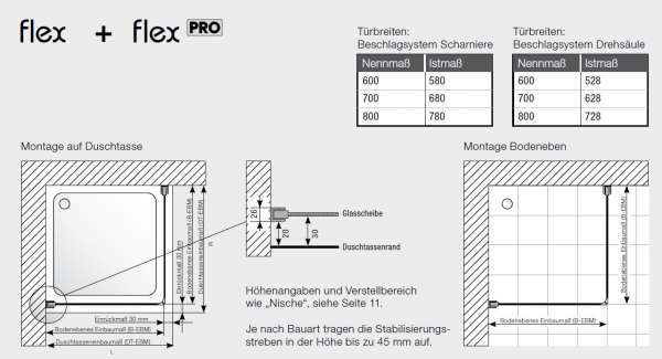 GEO maw Flex Pro AP-F110 Pendeltür mit Seitenteil Duschkabine Fronteinstieg in Chromoptik oder Schwarz mit Beschichtung