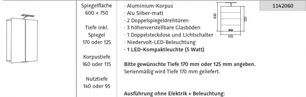 HSK ALU-Spiegelschrank ASP 300 LED Aluminium mit Doppelspiegeltüren 600 x 750