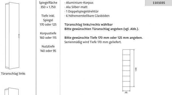 HSK ALU-Spiegelschrank ASP 500 LED Aluminium Doppelspiegeltür Hochschrank 350 x 1750