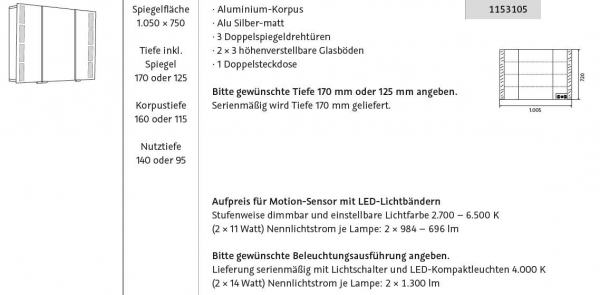 HSK ALU-Spiegelschrank ASP 500 LED Aluminium Doppelspiegeltüren 1050 x 750