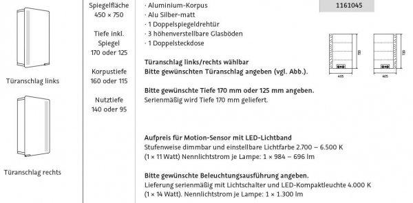 HSK ALU-Spiegelschrank ASP Softcube LED Aluminium Doppelspiegeltür 450 x 750