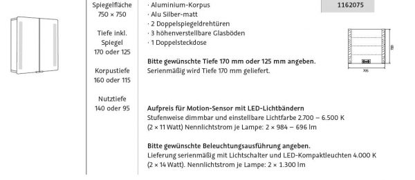 HSK ALU-Spiegelschrank ASP Softcube LED Aluminium mit Doppelspiegeltüren 750 x 750