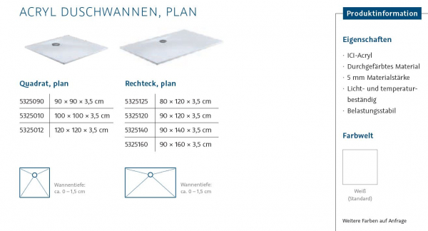 HSK Acrylduschwanne Duschtasse plan Bodeneinbau Duschboard