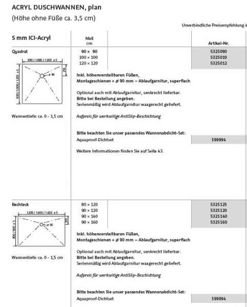 HSK Acrylduschwanne Duschtasse plan Bodeneinbau Duschboard