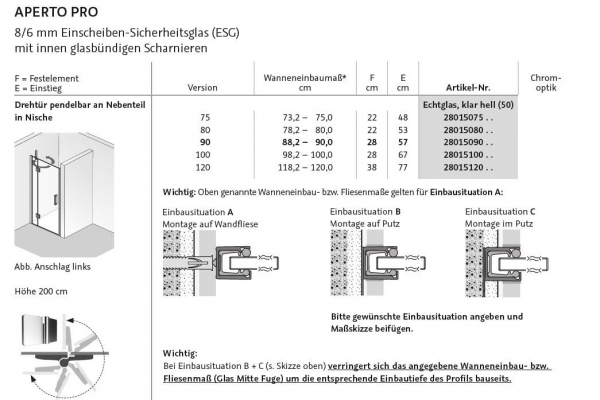 HSK Aperto Pro Pendeltür für Nische Nischentür Einbauschiene Montage Unterputz