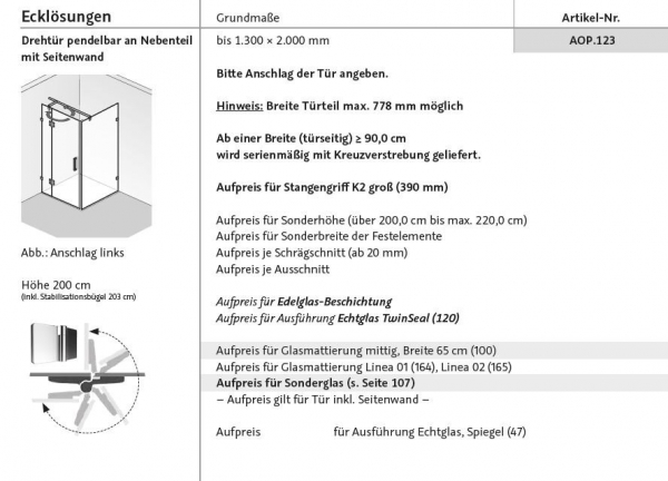 HSK Aperto Pur Pendeltür Drehtür mit Seitenteil Eckdusche Duschkabine inkl. Aufmaß