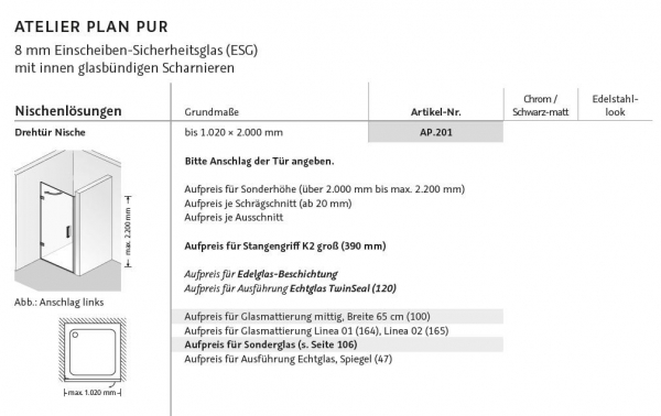 HSK Atelier Plan Pur Drehtür Schwenktür Nische Nischentür Duschabtrennung inkl. Aufmaß