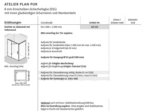 HSK Atelier Plan Pur Eckdusche Drehtür mit Fixteil an Seitenwand Eckkabine Dusche inkl. Aufmaß