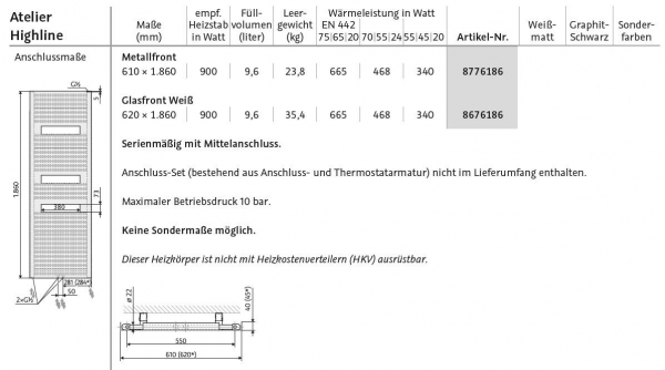 HSK Designheizkörper Atelier Highline Handtuchheizkörper Front plan mit Aussparungen für Handtücher