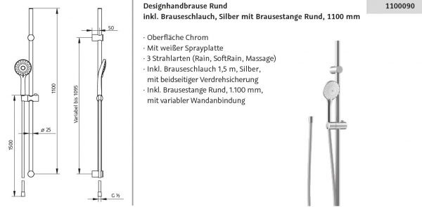 HSK Duschset Designhandbrause Duschkopf rund inkl. Brausestange und Brauseschlauch