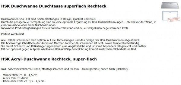 Flache Duschwanne, super-flache Duschtasse aus Acryl Rechteck von HSK