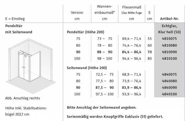 HSK Exklusiv 2.0 Pendeltür mit Seitenwand