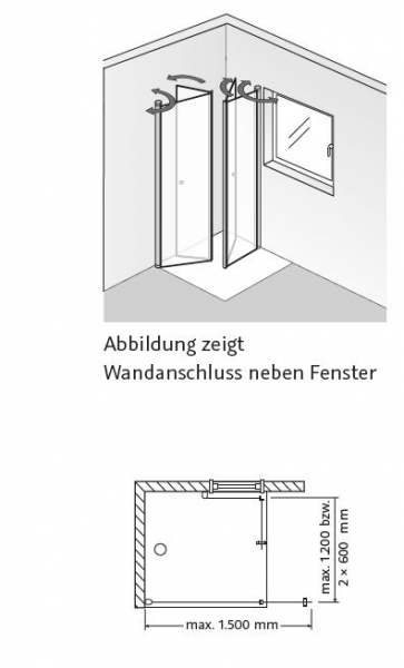 HSK Exklusiv Fensterlösung Duschkabine vor Fenster Falttüren schwenkbar