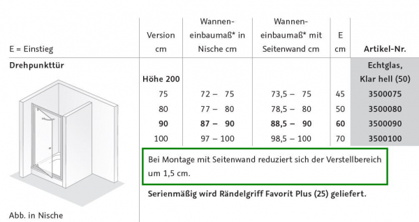 HSK Favorit Plus Drehpunkttür optional mit Seitenwand, auch verkürzt