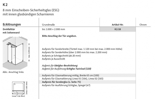 HSK K2 Eckdusche Drehfalttür Falttür mit Seitenwand Fronteinstieg Duschabtrennung inkl. Aufmaß