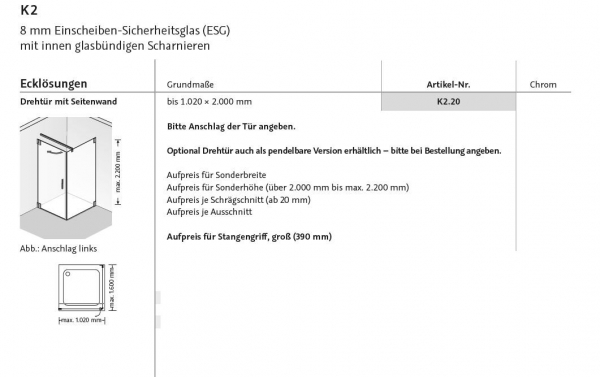 HSK K2 Eckdusche Drehtür mit Seitenwand Fronteinstieg Duschabtrennung inkl. Aufmaß