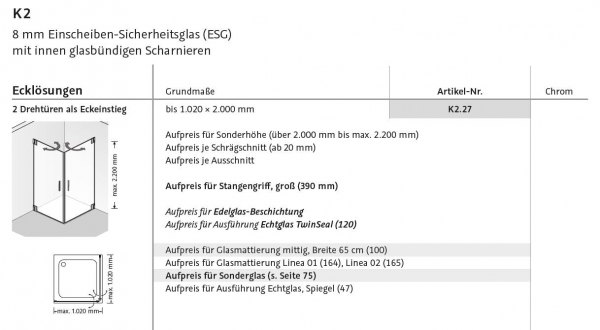 HSK K2 Eckdusche Eckeinstieg 2 Drehtüren Pendeltüren Duschabtrennung inkl. Aufmaß