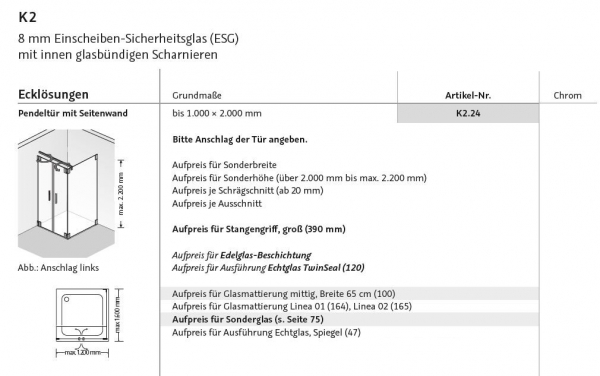 HSK K2 Eckdusche Pendeltür mit Seitenwand Fronteinstieg Duschabtrennung inkl. Aufmaß