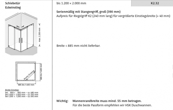 HSK K2 Eckeinstieg mit Schiebetüren Duschkabine inkl. Aufmaß