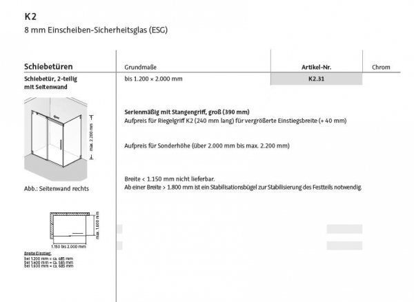 HSK K2 Schiebetür Duschabtrennung mit Seitenwand inkl. Aufmaß