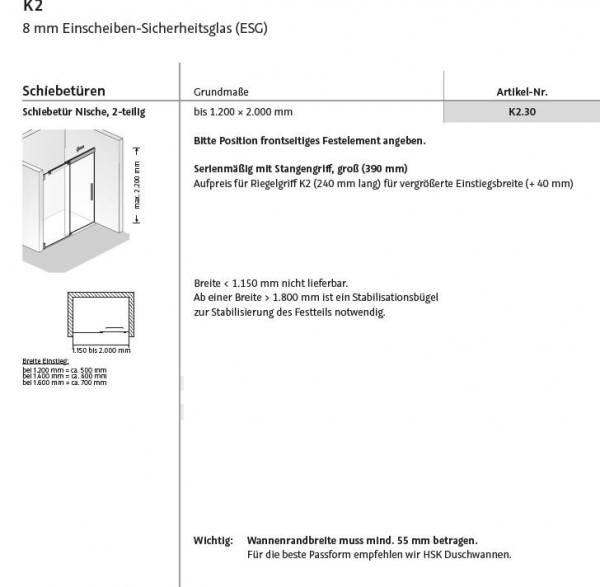 HSK K2 Schiebetür für Nische Duschabtrennung inkl. Aufmaß