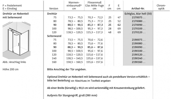 HSK K2P Drehtür Schwenktür an Fixteil mit Seitenwand Duschkabine Eckkabine Fronteinstieg