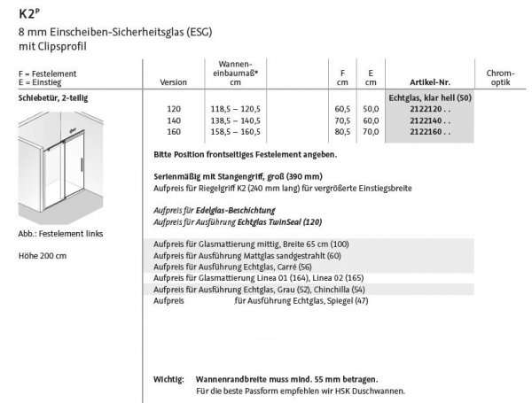 HSK K2P Schiebetür für Nische Nischentür Duschabtrennung 2-teilig