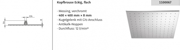 HSK Kopfbrause Regendusche eckig 400 x 400 x 8 mm flach