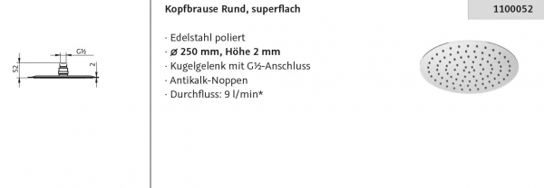 HSK Kopfbrause Regendusche rund 250 x 2 mm superflach