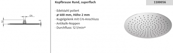 HSK Kopfbrause Regendusche rund 400 x 2 mm superflach