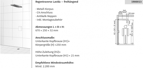 HSK Lavida/Lavida Plus Regentraverse freihängend oder mit Glasaufnahme Regendusche ohne/mit Schwallbrause