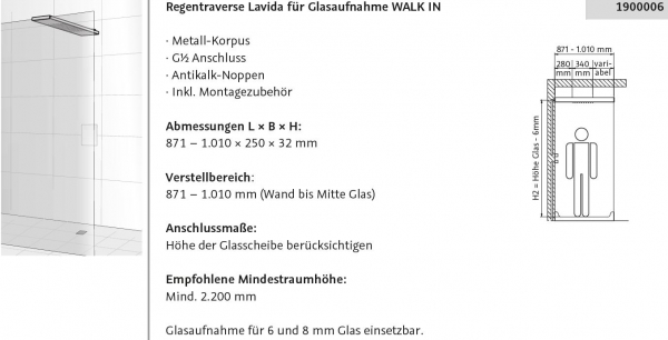 HSK Lavida/Lavida Plus Regentraverse freihängend oder mit Glasaufnahme Regendusche ohne/mit Schwallbrause