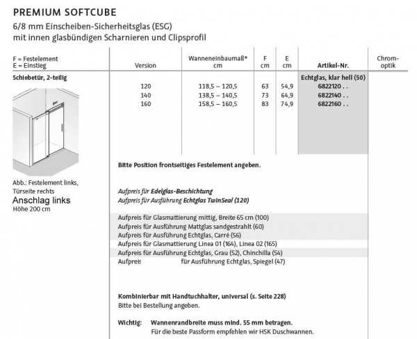 HSK Premium Softcube Schiebetür für Nische Nischentür Duschabtrennung Duschwand