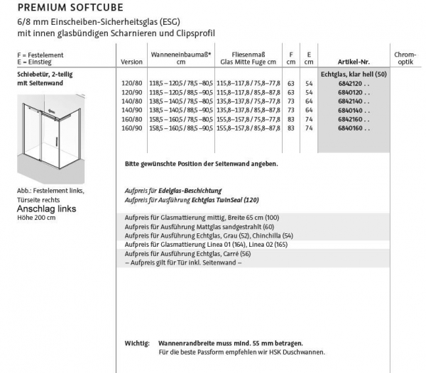 HSK Premium Softcube Schiebetür mit Seitenwand Duschabtrennung Eckkabine Fronteinstieg