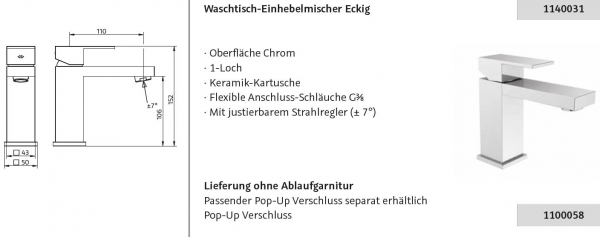 HSK Waschtisch-Armatur Wasserhahn für Waschbecken Einhebelmischer eckig