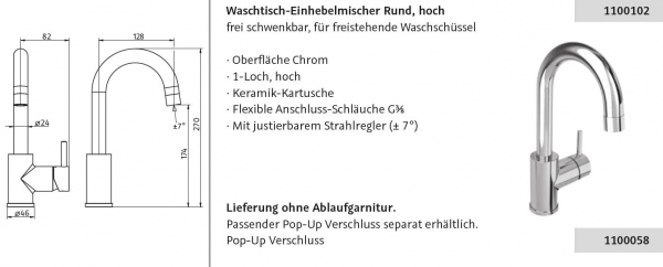 HSK Waschtisch-Armatur Wasserhahn hoch für Waschbecken Einhebelmischer rund