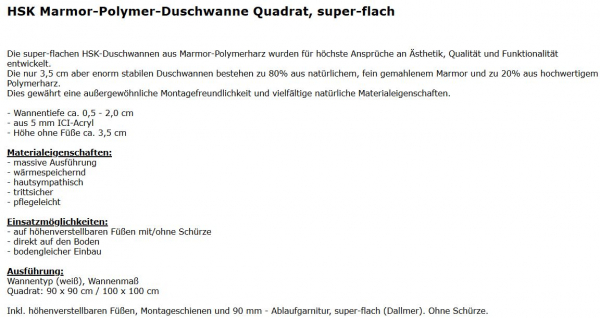 Viereck Duschwanne, Duschtasse Marmor Polymer, quadratisch und flach von HSK