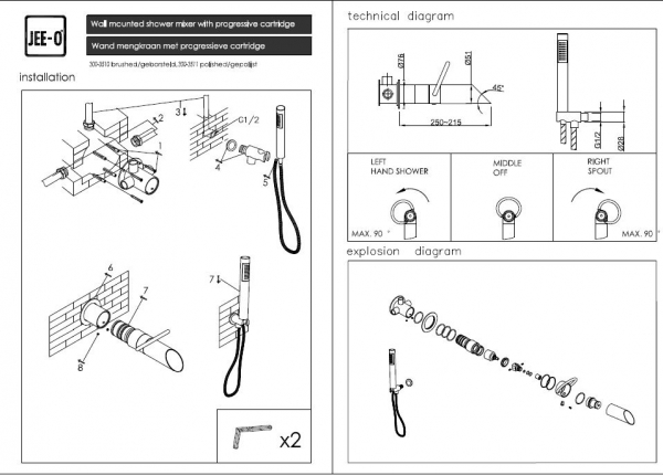 JEE-O Pure Unterputz-Armaturset Wannenarmatur mit Wannenauslauf und Handbrause