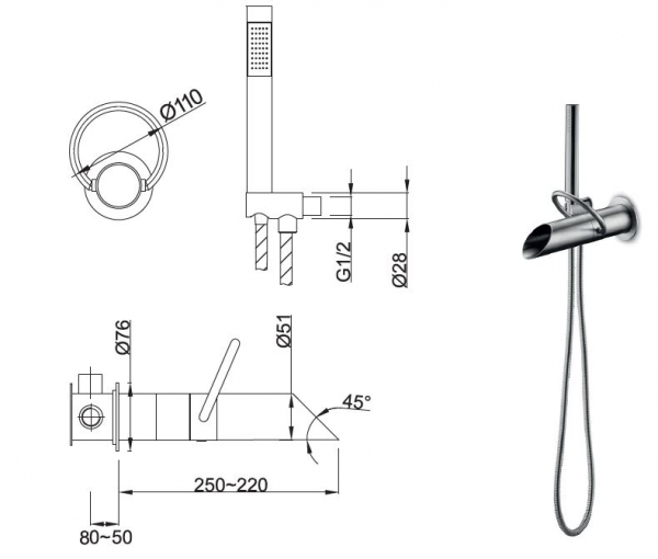 JEE-O Pure Unterputz-Armaturset Wannenarmatur mit Wannenauslauf und Handbrause