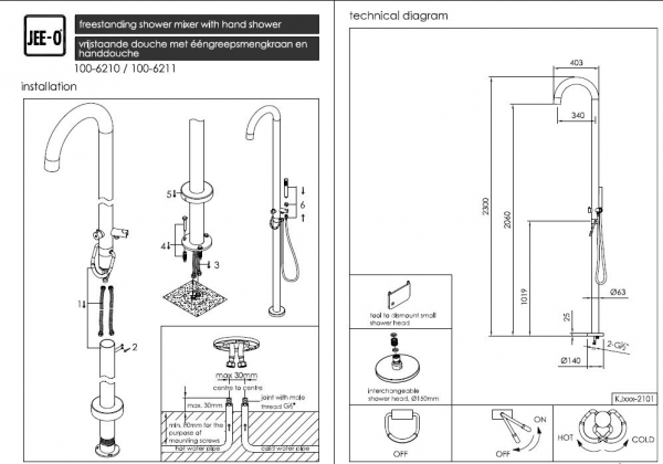 Jee-O Original Shower 02 freistehende Dusche mit Handbrause und Mischarmatur