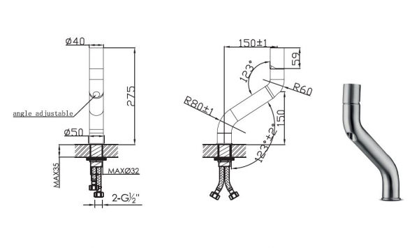 Jee-O Waschtischmischer flow basin mixer low niedrige Armatur, Edelstahl gebürstet