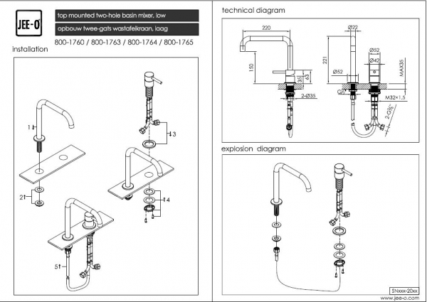 Jee-O slimline Waschbeckenarmatur 2 hole mixer set low niedrig