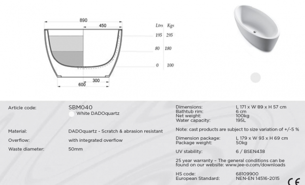 Jee-o DadoQuartz Design-Badewanne Maya 1700