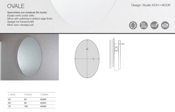 Koh-I-Noor ovaler Spiegel Ovale, italienisches Design für Bad und Wohnraum