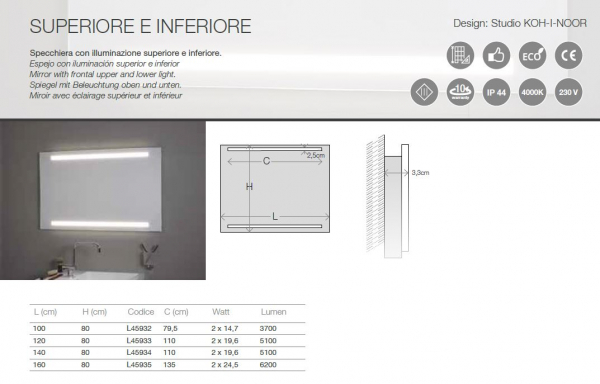 Koh-I-Noor Spiegel mit LED-Beleuchtung Top Line Superiore e Inferiore italienisches Design für Bad und Wohnraum