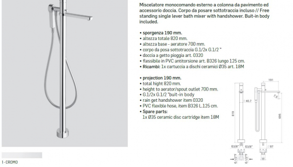 Mamoli Badewannen-Stand-Armatur Tool 1884 freistehender Wasserhahn mit Handbrause Chrom