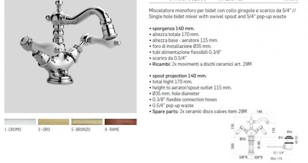 Mamoli Bidet-Armatur Belgravia 54460 Wasserhahn Chrom / Gold / Bronze / Kupfer